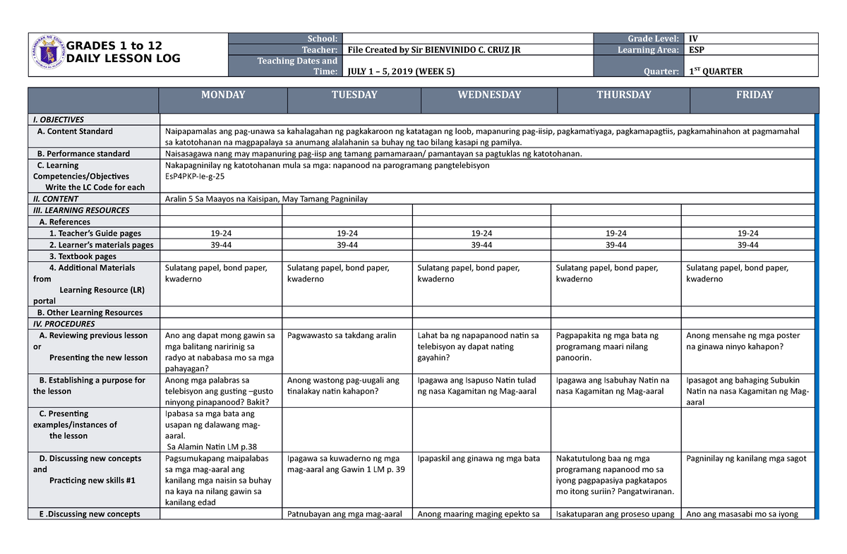 DLL ESP 4 Q1 Hh - GRADES 1 To 12 DAILY LESSON LOG School: Grade Level ...