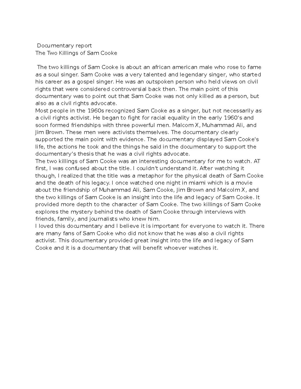 Documentary report #2-2 - Documentary report The Two Killings of Sam ...
