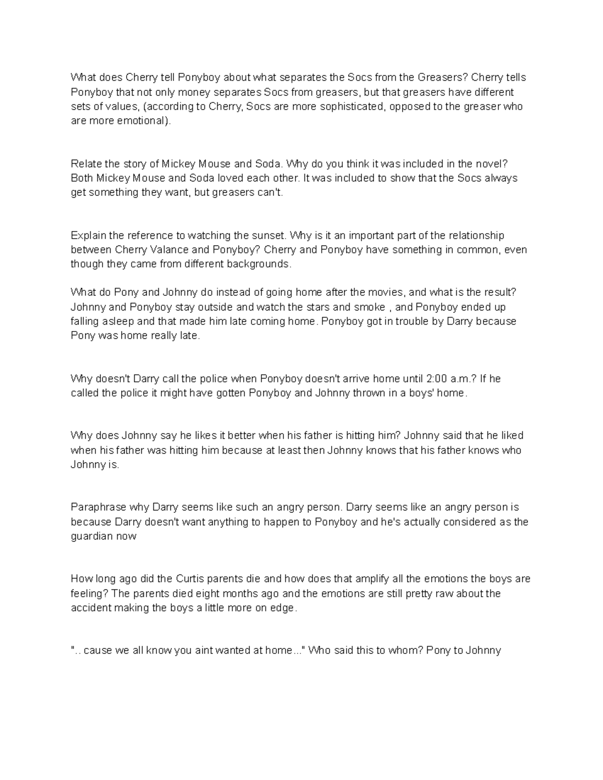 The Outsiders Chapter 3 Review What does Cherry tell Ponyboy about