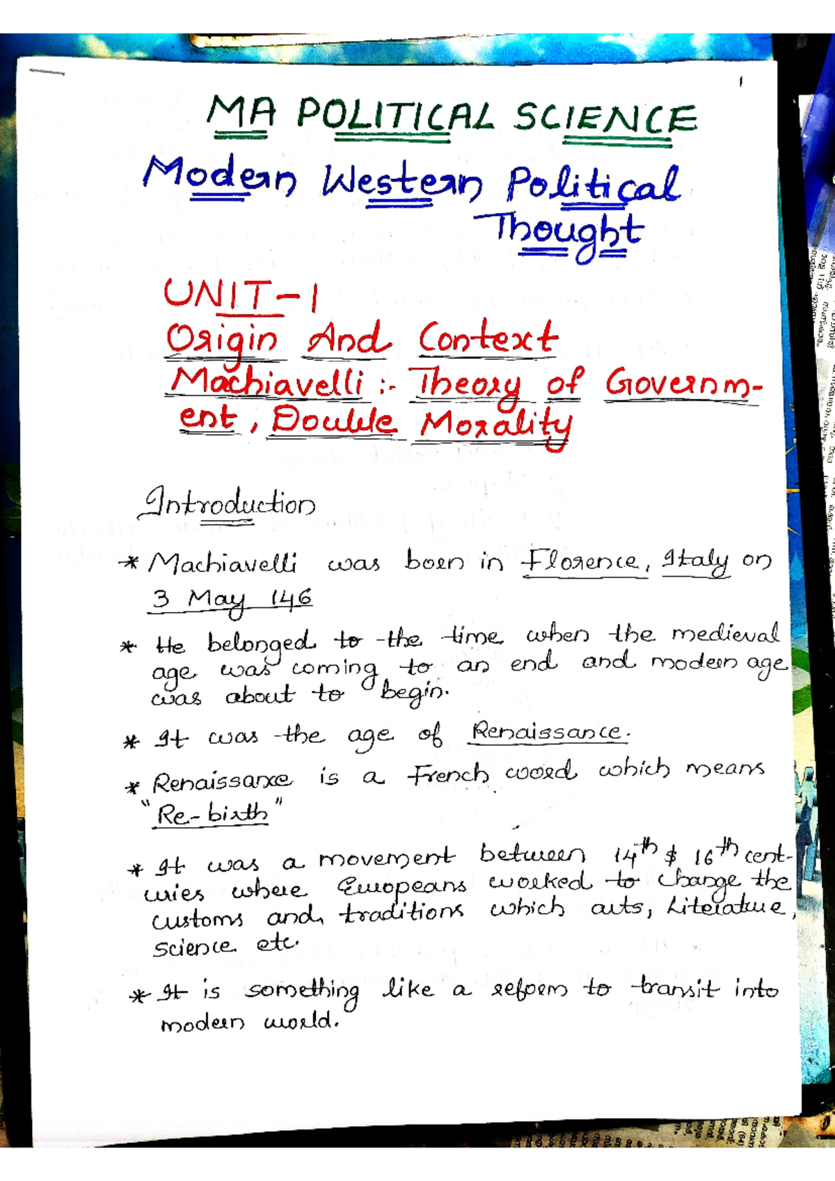 1st sem modern western political thought Unit 1 Machiavelli - Modern ...