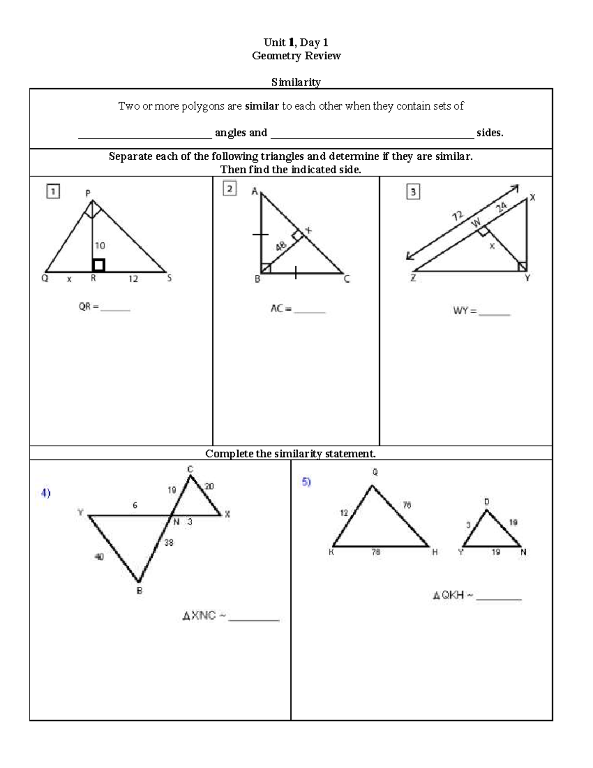 Pre Calc Unit 1Day1Review - Unit , Day 1 Geometry Review Similarity Two ...