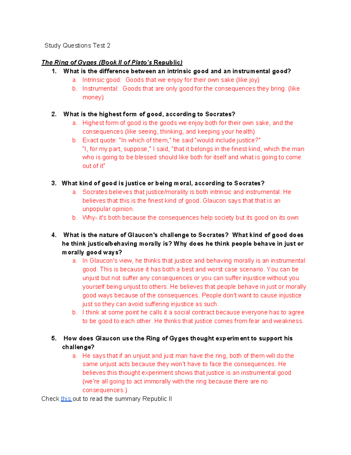 Ethics test 2 Professor Sommers Study Questions Test 2 The Ring of