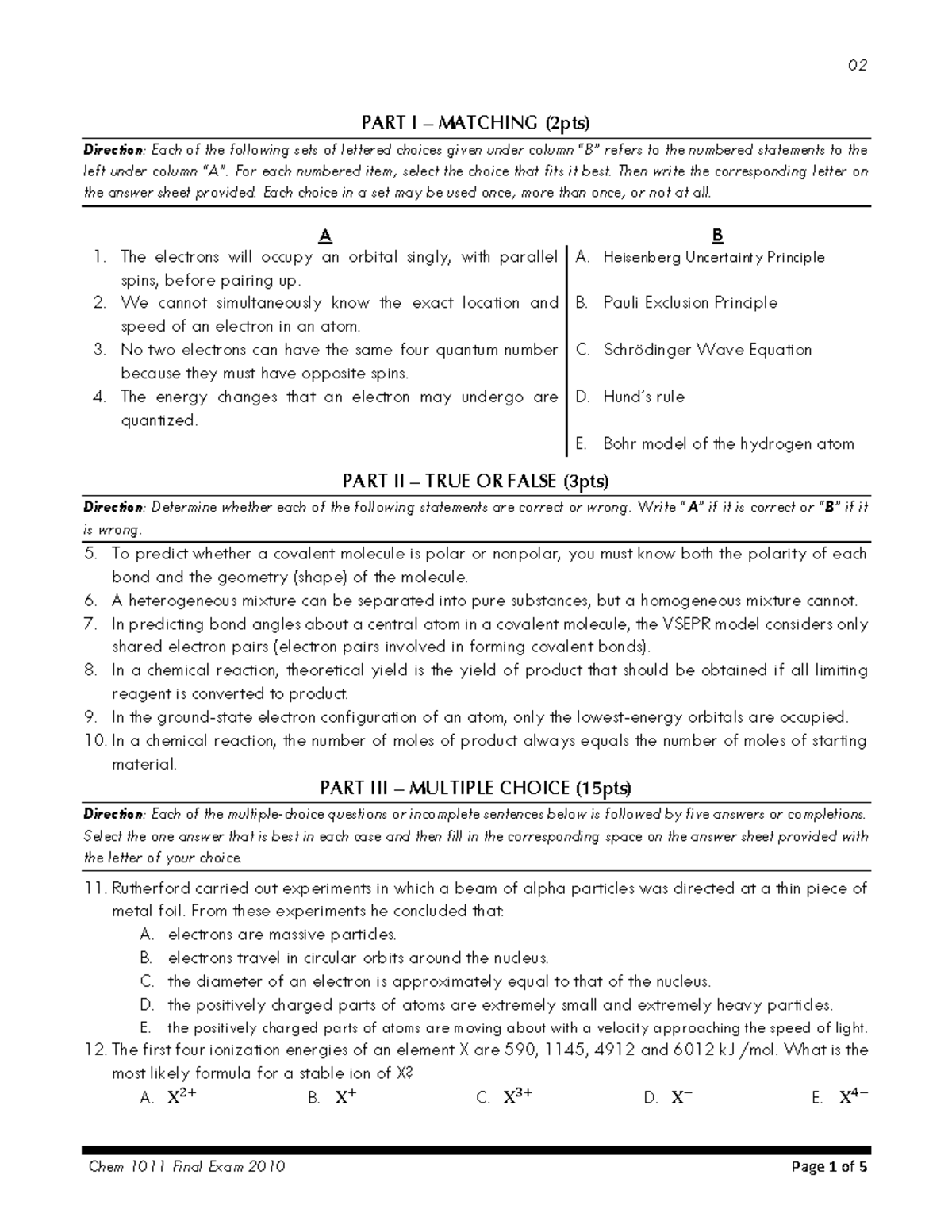 Final EXAM CODE 02 - PART I – MATCHING (2pts) Direction: Each of the ...