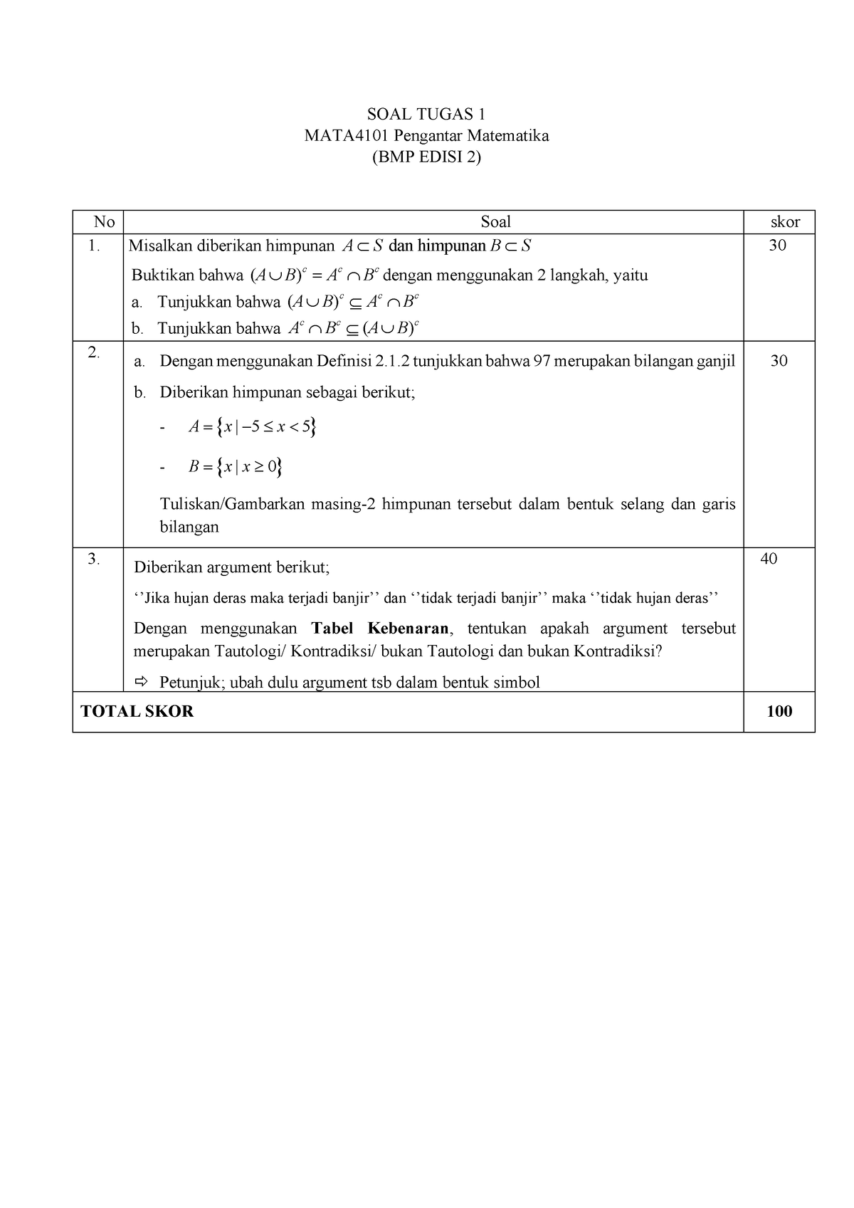 2022.2 Tugas 1 MATA4101 Edisi-2 - SOAL TUGAS 1 MATA4101 Pengantar ...