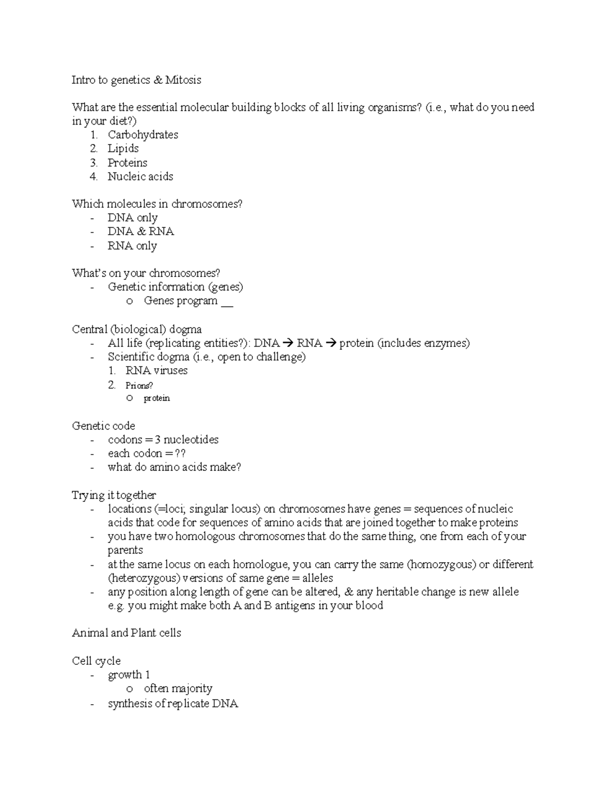 Bio notes Nov 1:17 - n0t good - Intro to genetics & Mitosis What are ...