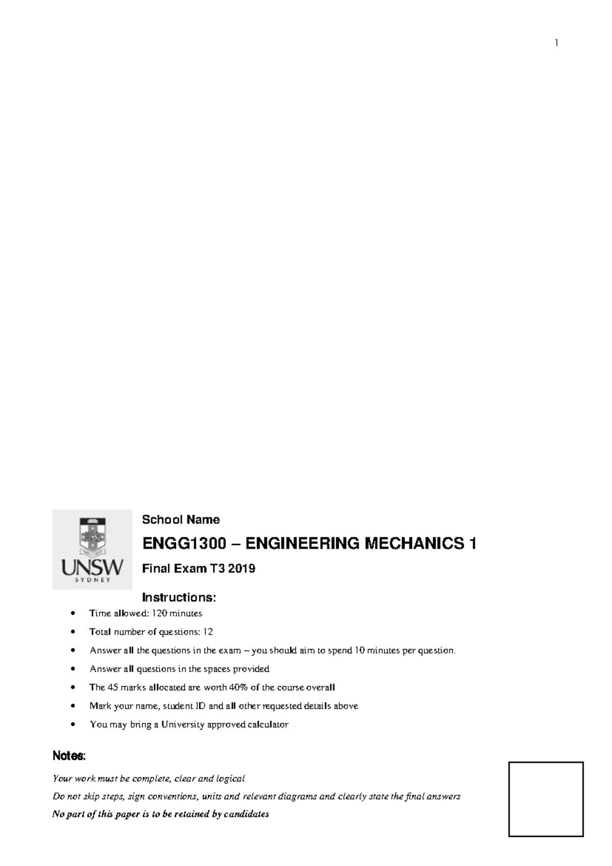 ENGG1300 2020 T3 - Practice Exam 2020 T3 - School Name ENGG1300 ...