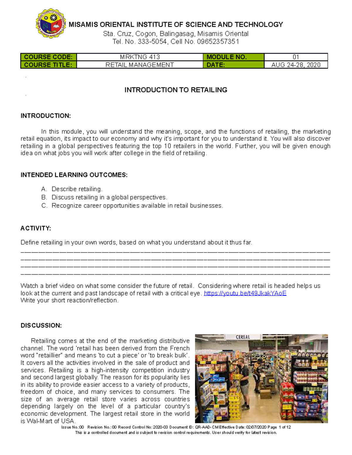 Moist Retail Management Module 01 - MISAMIS ORIENTAL INSTITUTE OF ...