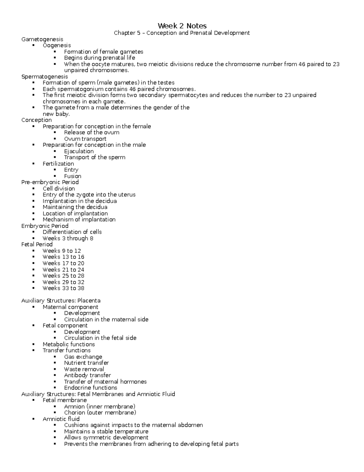 Week 2 notes - Chapter 5 – Conception and Prenatal Development ...