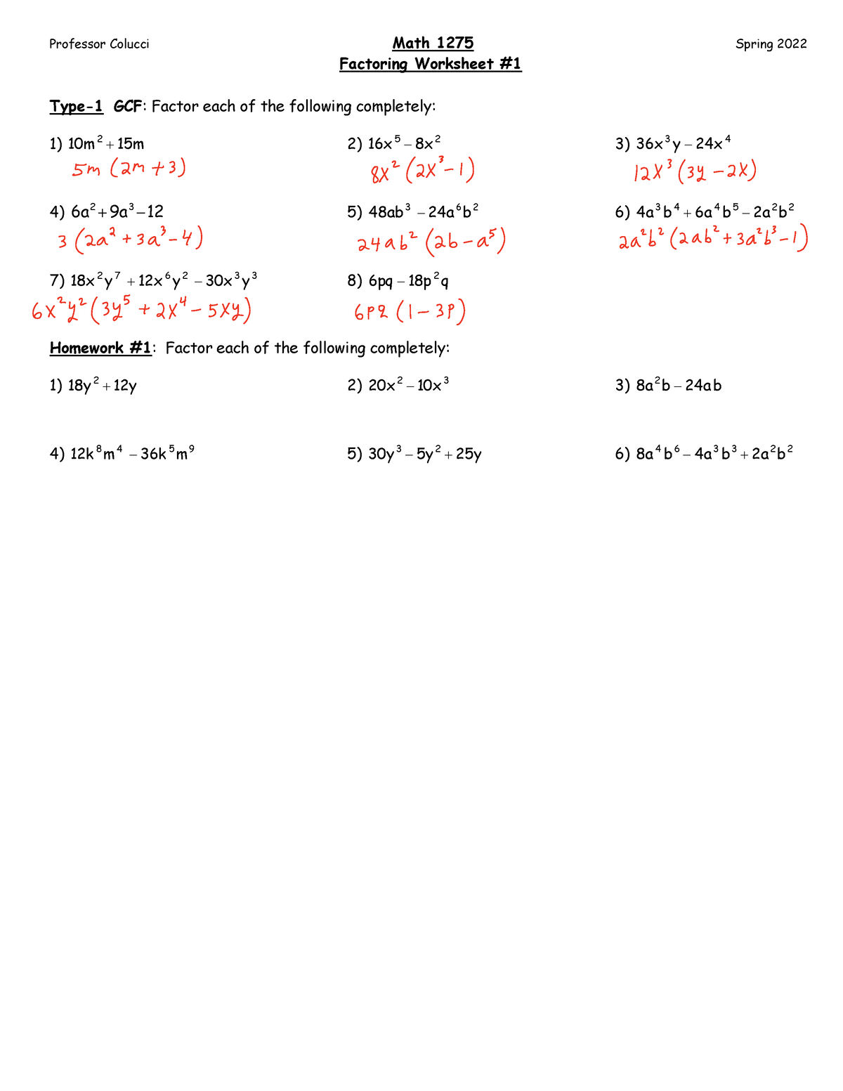 1 Factoring WS1 GCF - MAT 1275 - Professor Colucci Math 1275 Spring ...