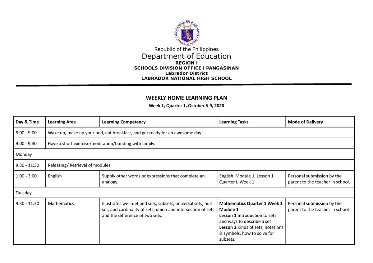 Bonifacio Weekly-HOME- Learning-PLAN - Department of Education REGION I ...