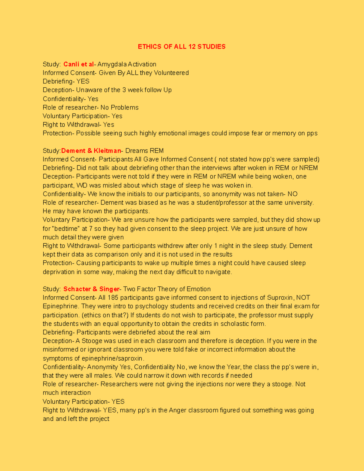 Ethics of All 12 Studies - ETHICS OF ALL 12 STUDIES Study: Canli et al ...