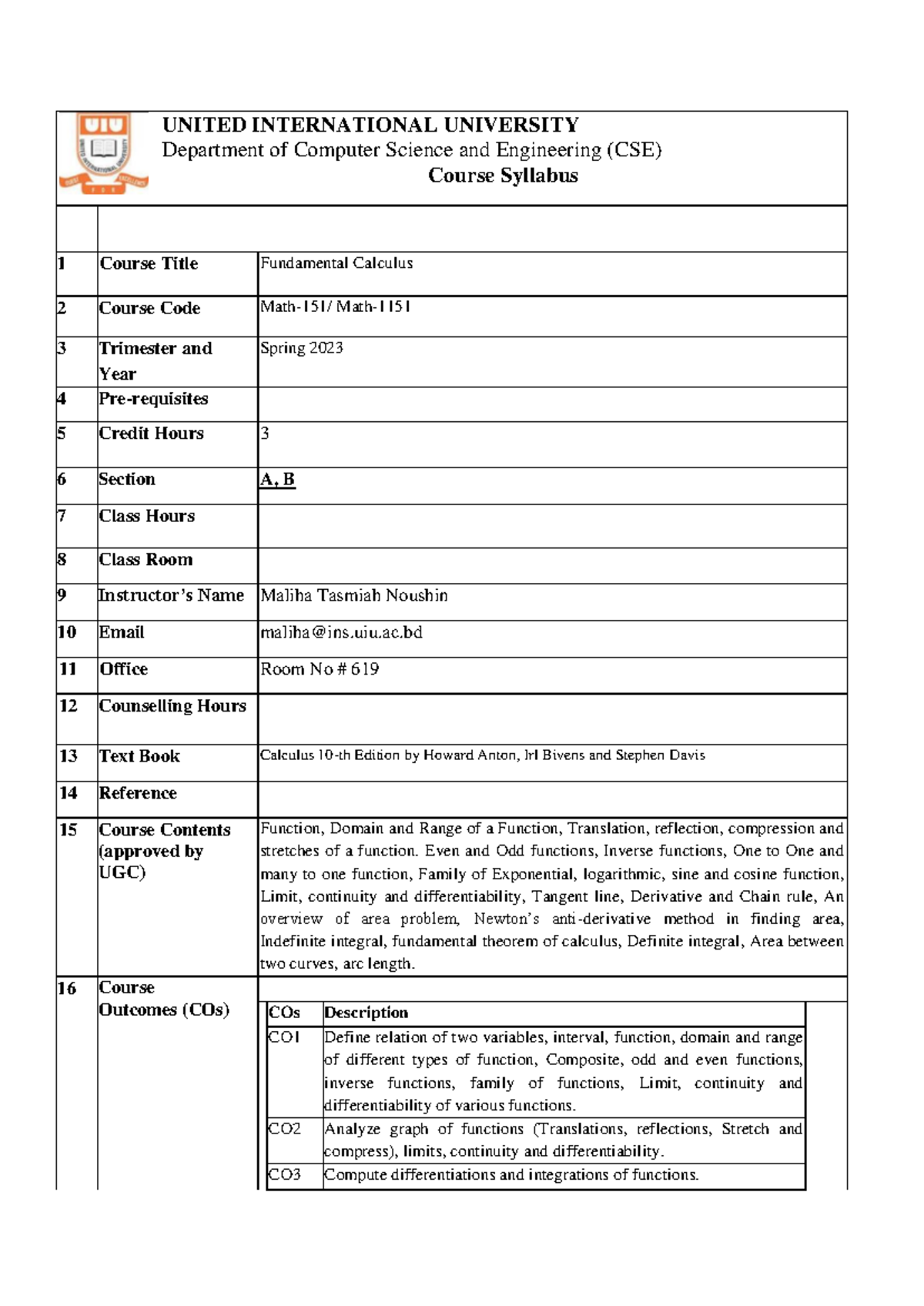 UIU-CSE-Math-1151Course Syllabus - UNITED INTERNATIONAL UNIVERSITY ...