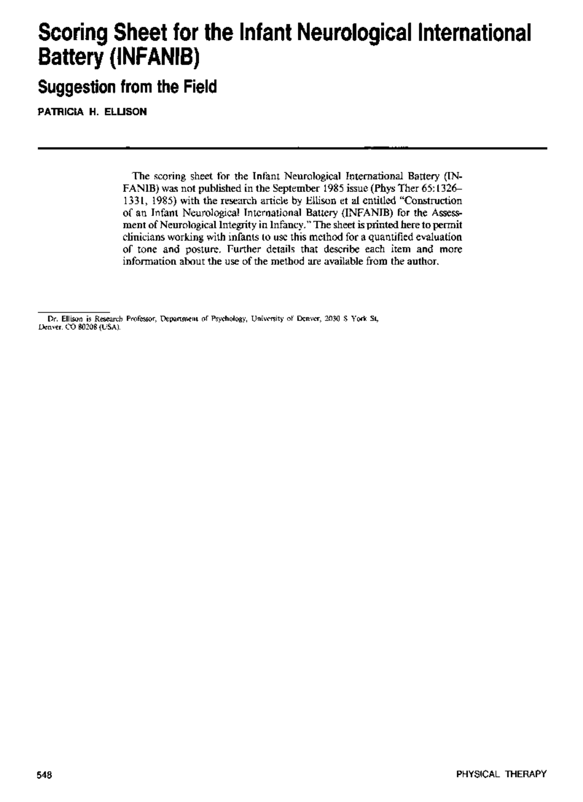 Ellison 1986 escala INFAB - Scoring Sheet for the Infant Neurological ...