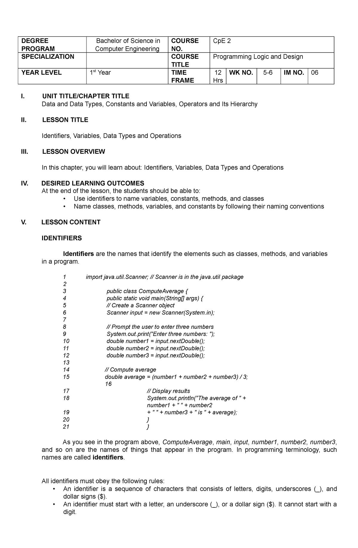 Module PLD 6 - PROGRAMMING LOGIC AND DESIGN LECTURE NOTES - DEGREE ...