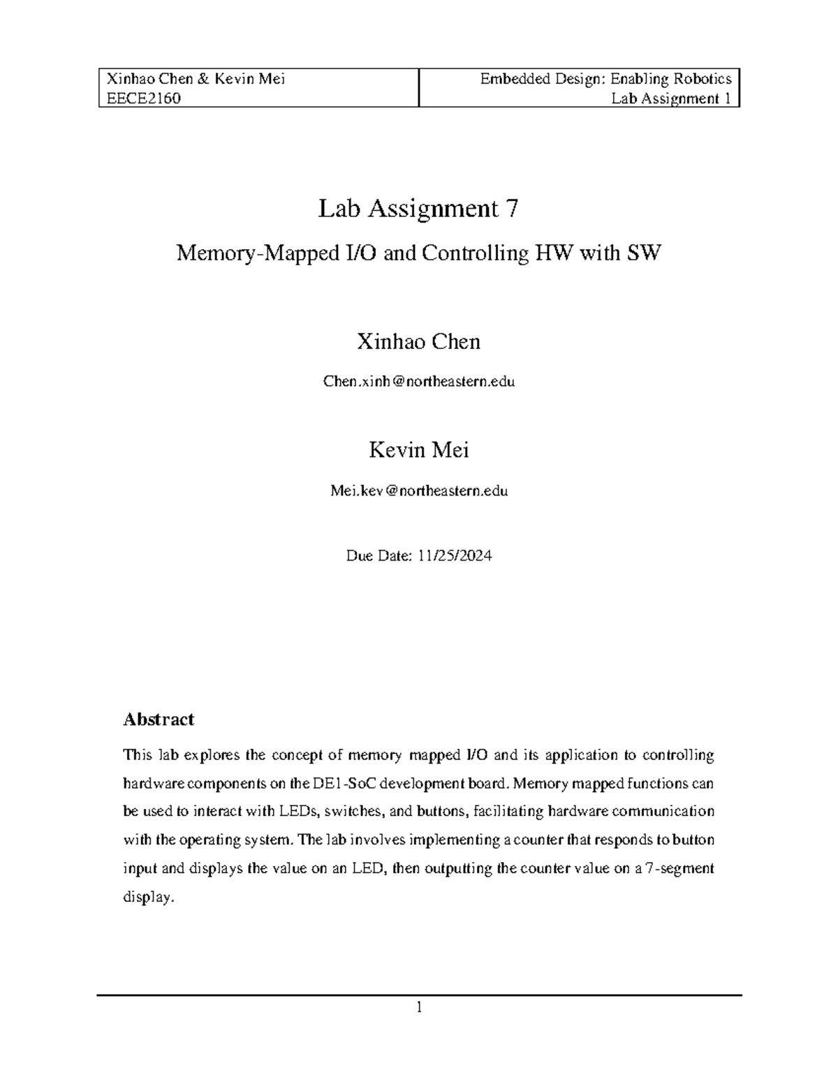 EECE2160 Lab Report #7 - EECE Lab Assignment 1 Lab Assignment 7 Memory ...