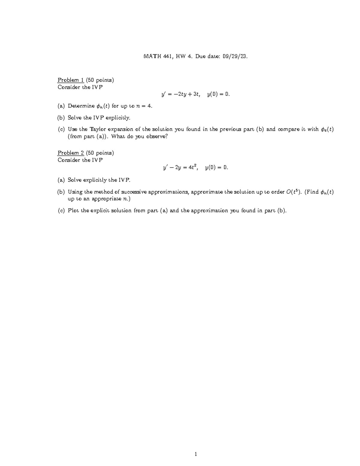 Hw441 4 23 - homework - MATH 441, HW 4. Due date: 09/29/23. Problem 1 ...