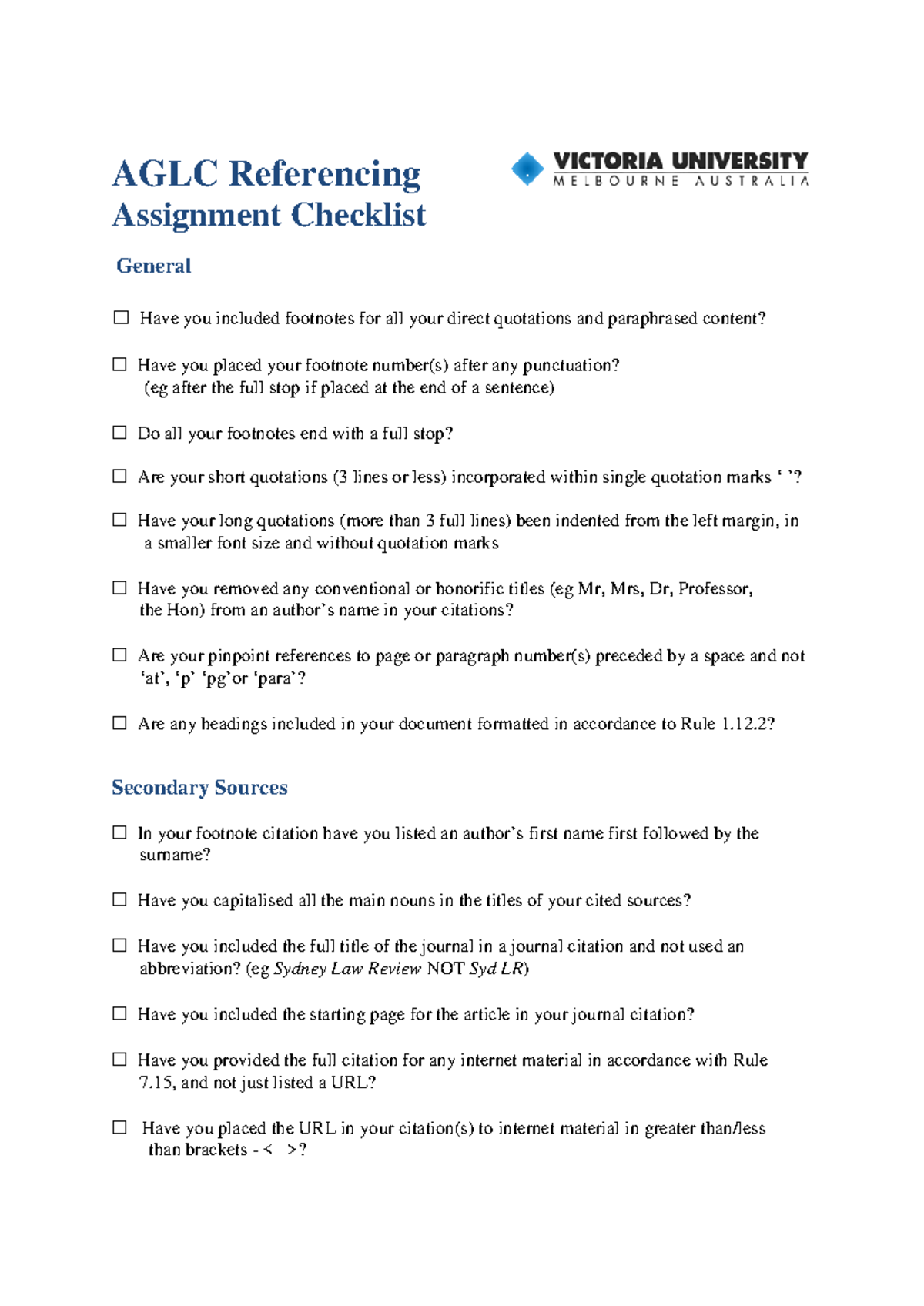 AGLC4 - Assignment Checklist - AGLC Referencing Assignment Checklist ...