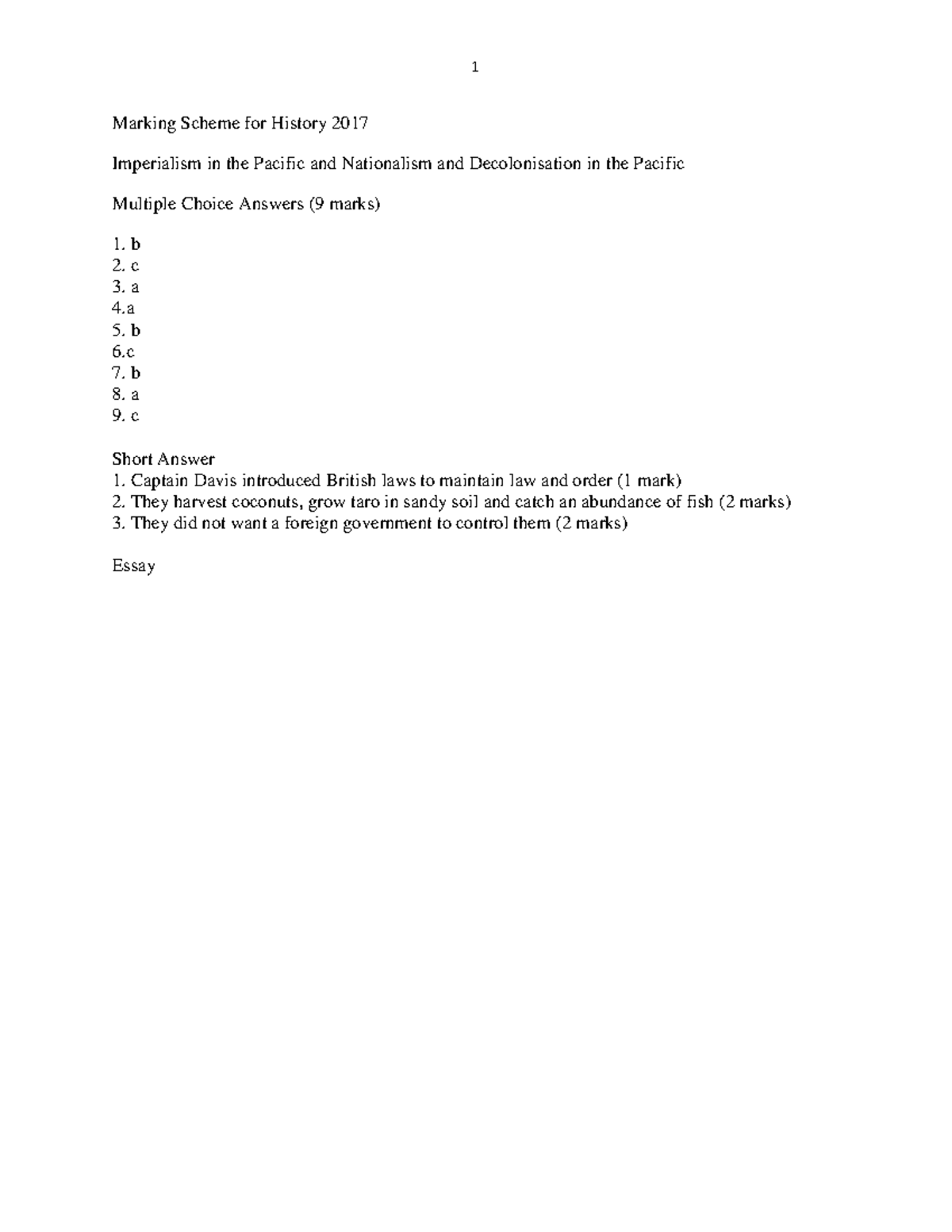 Marking Scheme for Year 11 Student for History Marking Scheme for