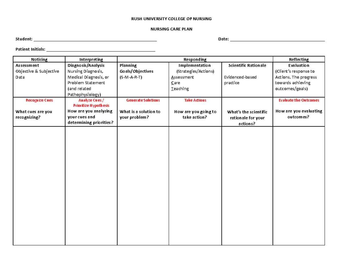 Care Plan Template - RUSH UNIVERSITY COLLEGE OF NURSING NURSING CARE ...