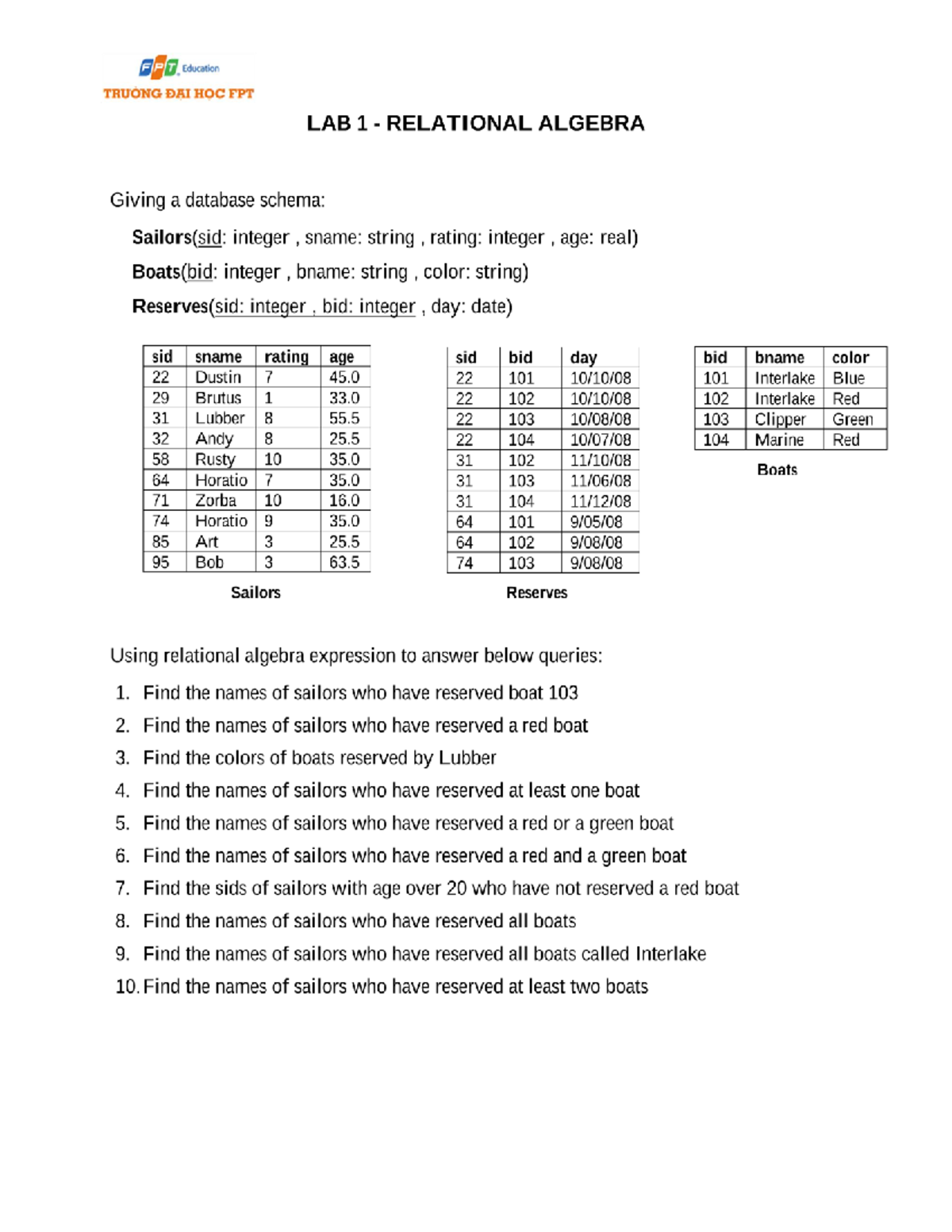 DBI202 SE1809 Lab1 - Database Systems - Studocu