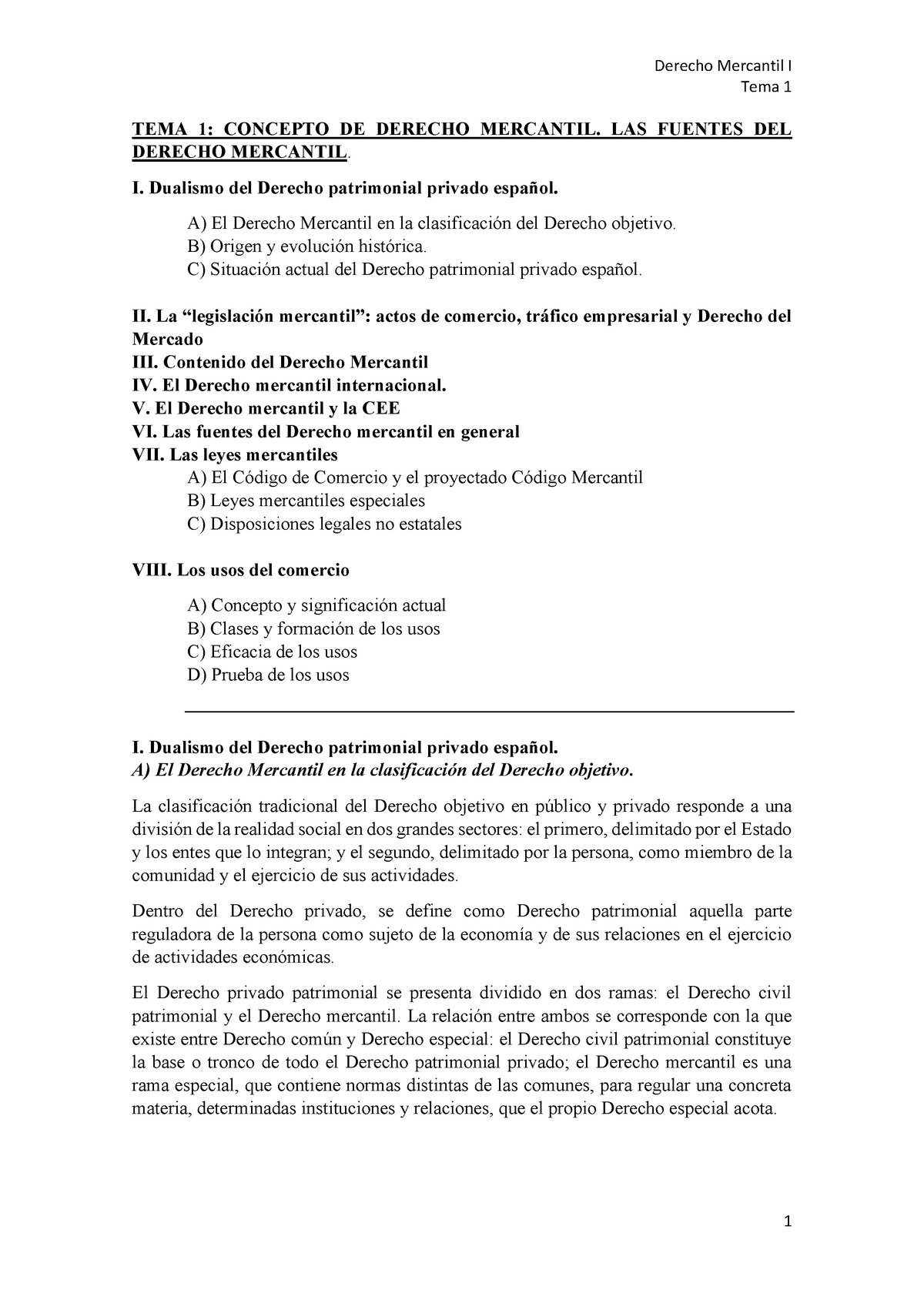 LecciÓn 1 - APUNTES MERCANTIL - Derecho Mercantil I Tema 1 TEMA 1 ...