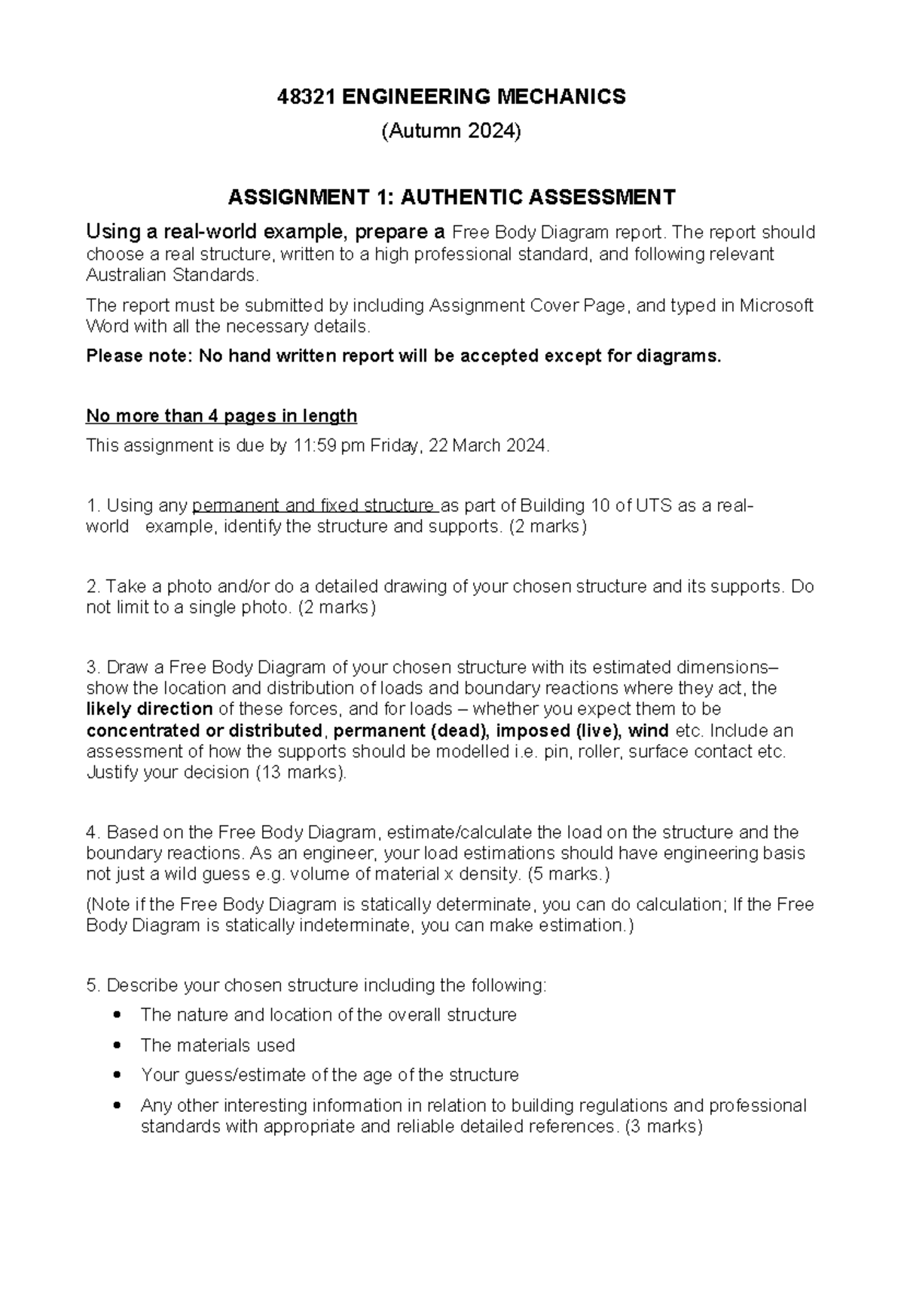 48321 Assignment Task1 A24 - 48321 ENGINEERING MECHANICS (Autumn 2024 ...