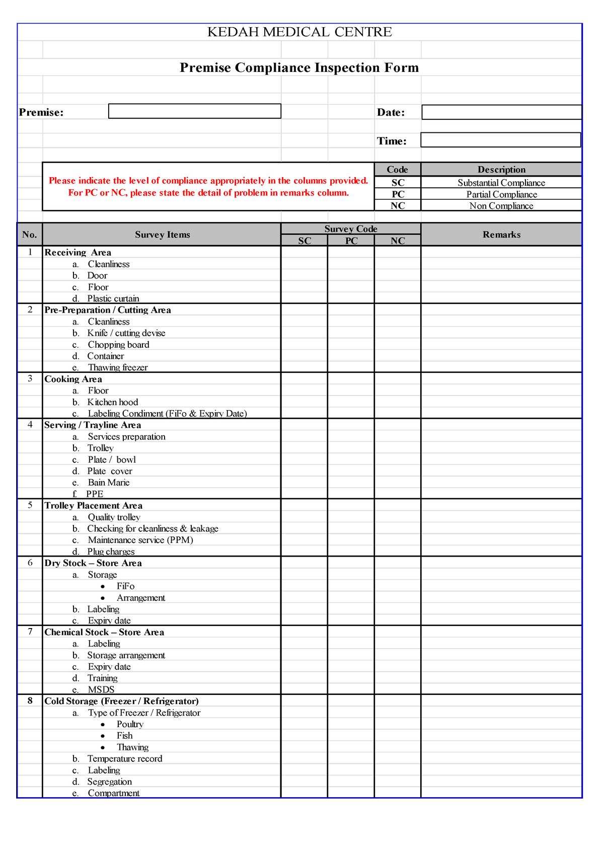 Premise inspection form - Premise: Date: Time: Code Description SC ...