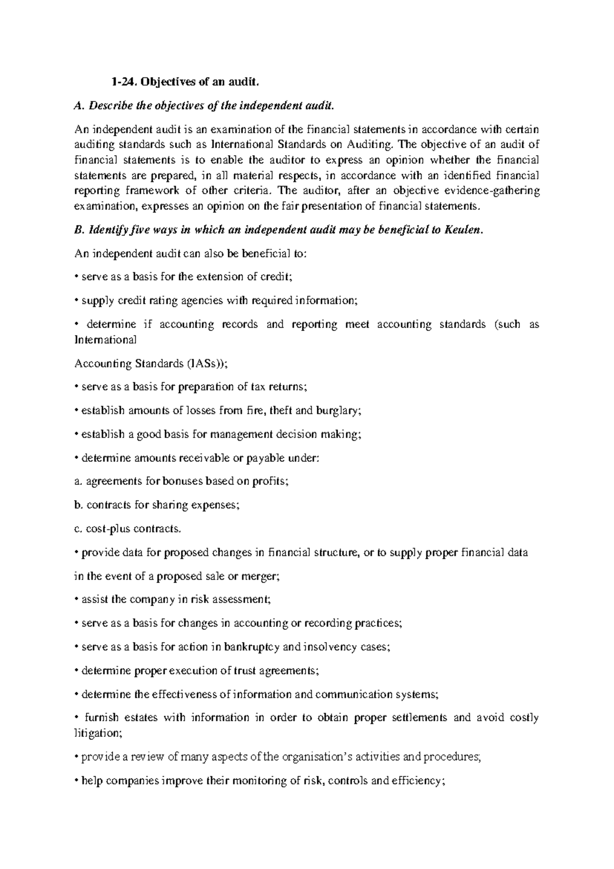 Chap1 - 1 - 24. Objectives of an audit. A. Describe the objectives of ...