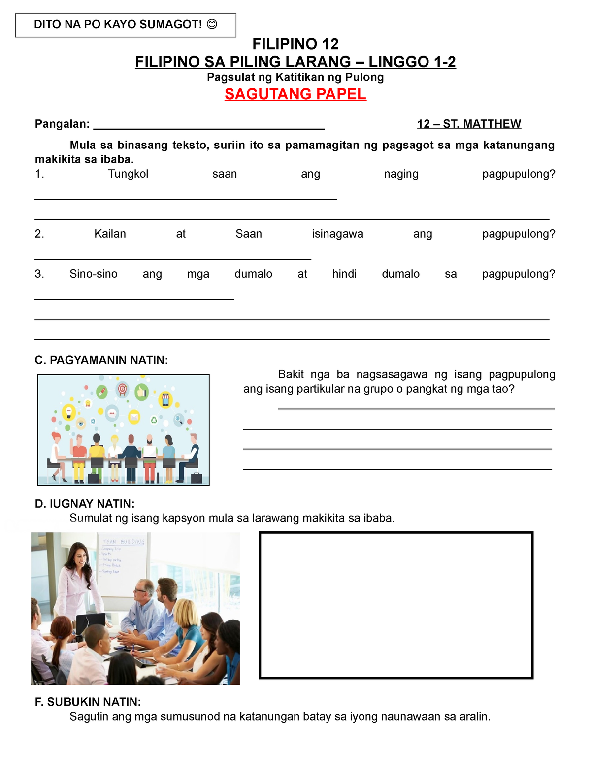 Piling Answer Sheet Week 1 2 Filipino 12 Filipino Sa Piling Larang Linggo 1 Pagsulat Ng