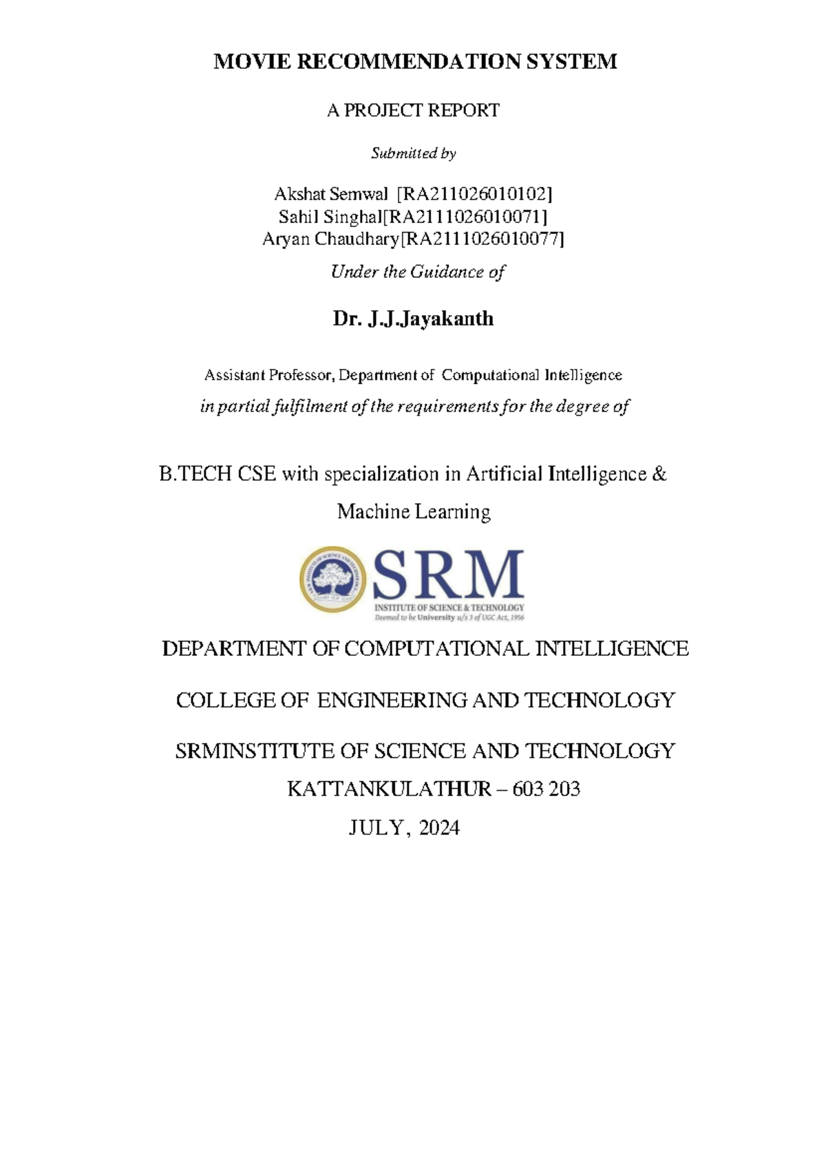 Intelligent Machining Report for mini project - MOVIE RECOMMENDATION ...