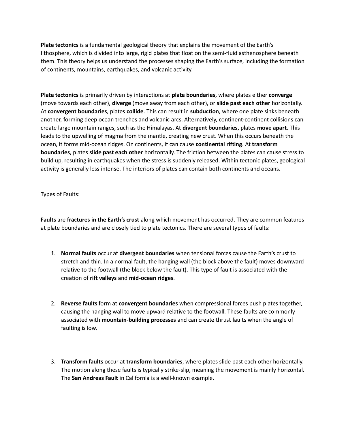 Plate Tectonics and Types of Faults - Plate tectonics is a fundamental ...