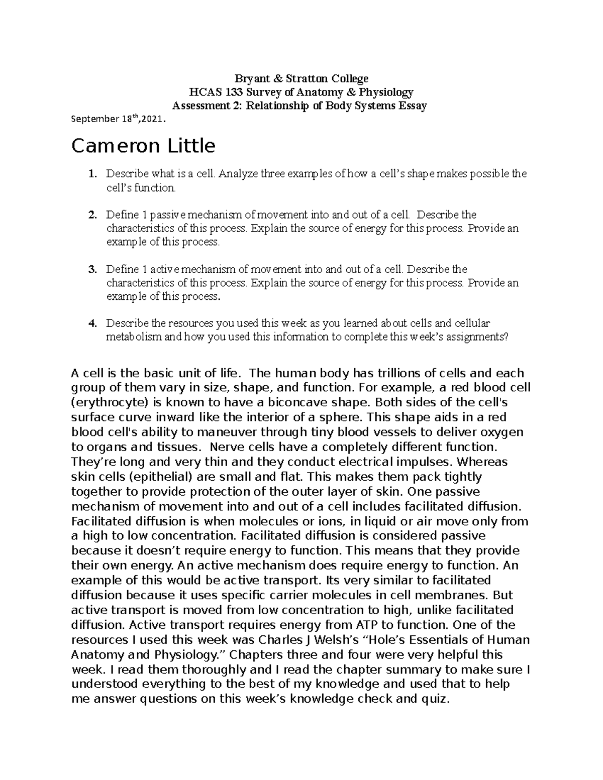 Cells Essay, Cameron Little final copy - Bryant & Stratton College HCAS ...