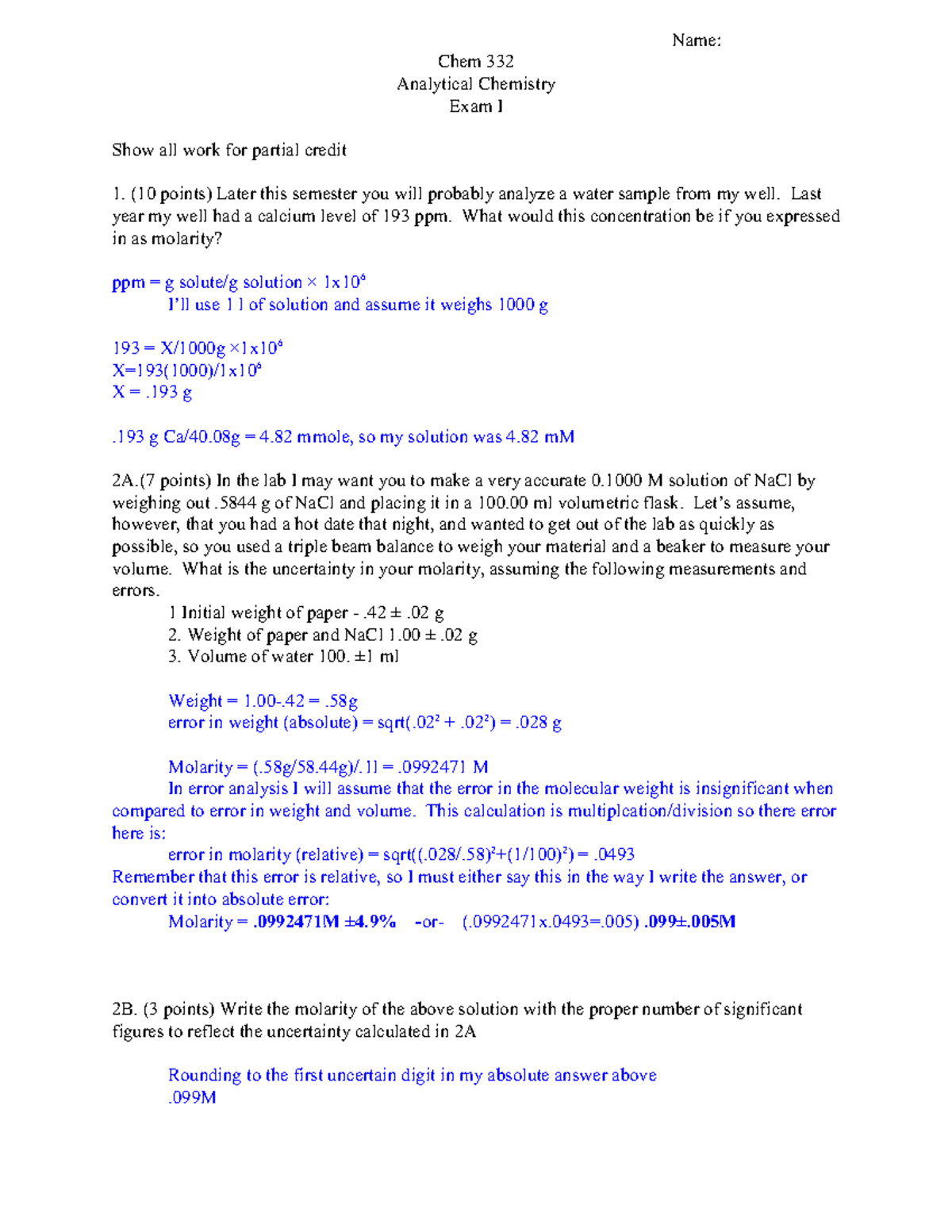 Analytical Chemistry Practice Examination - Name: Chem 332 Analytical ...