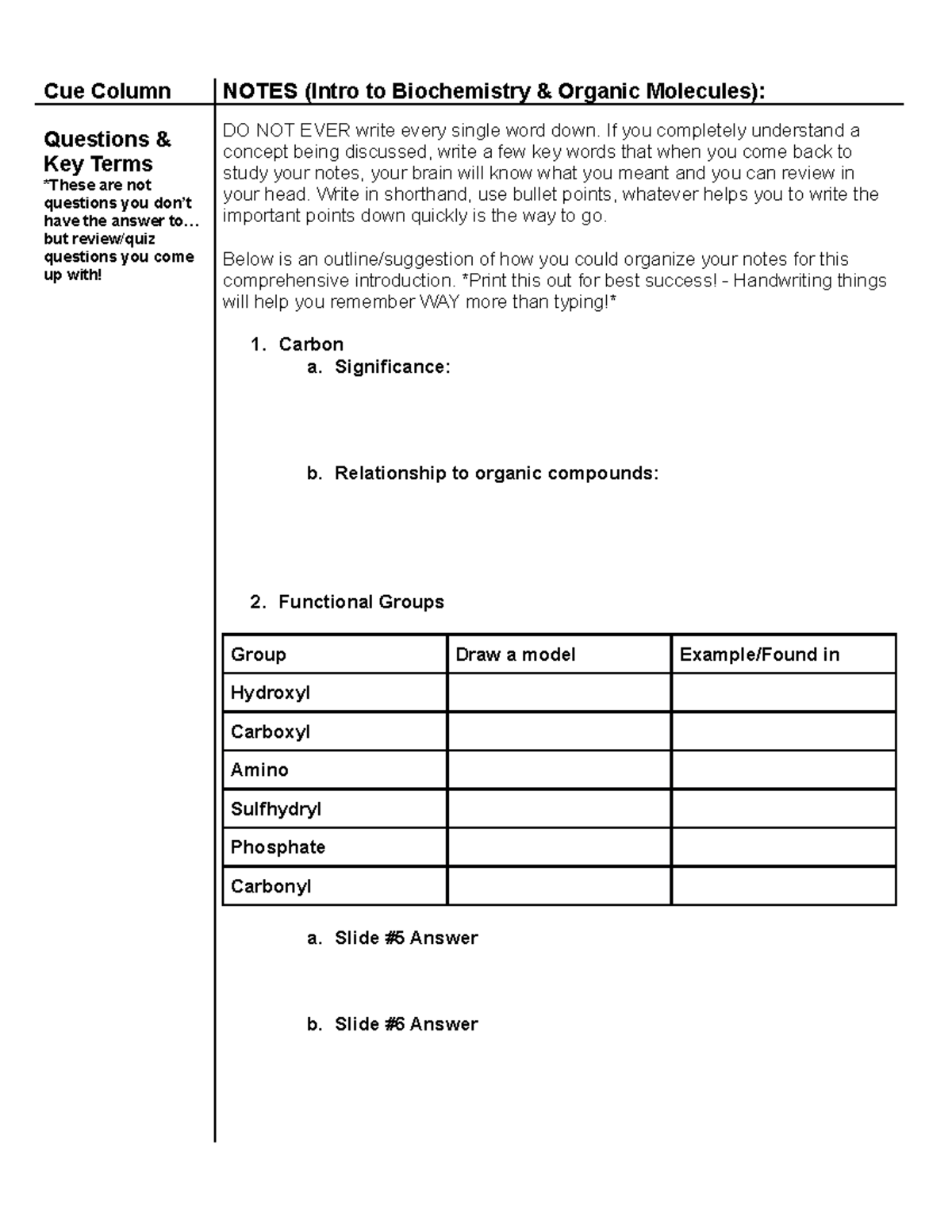 Intro+TO+ Biochem+ Cornell+ Notes - Cue Column NOTES (Intro to ...