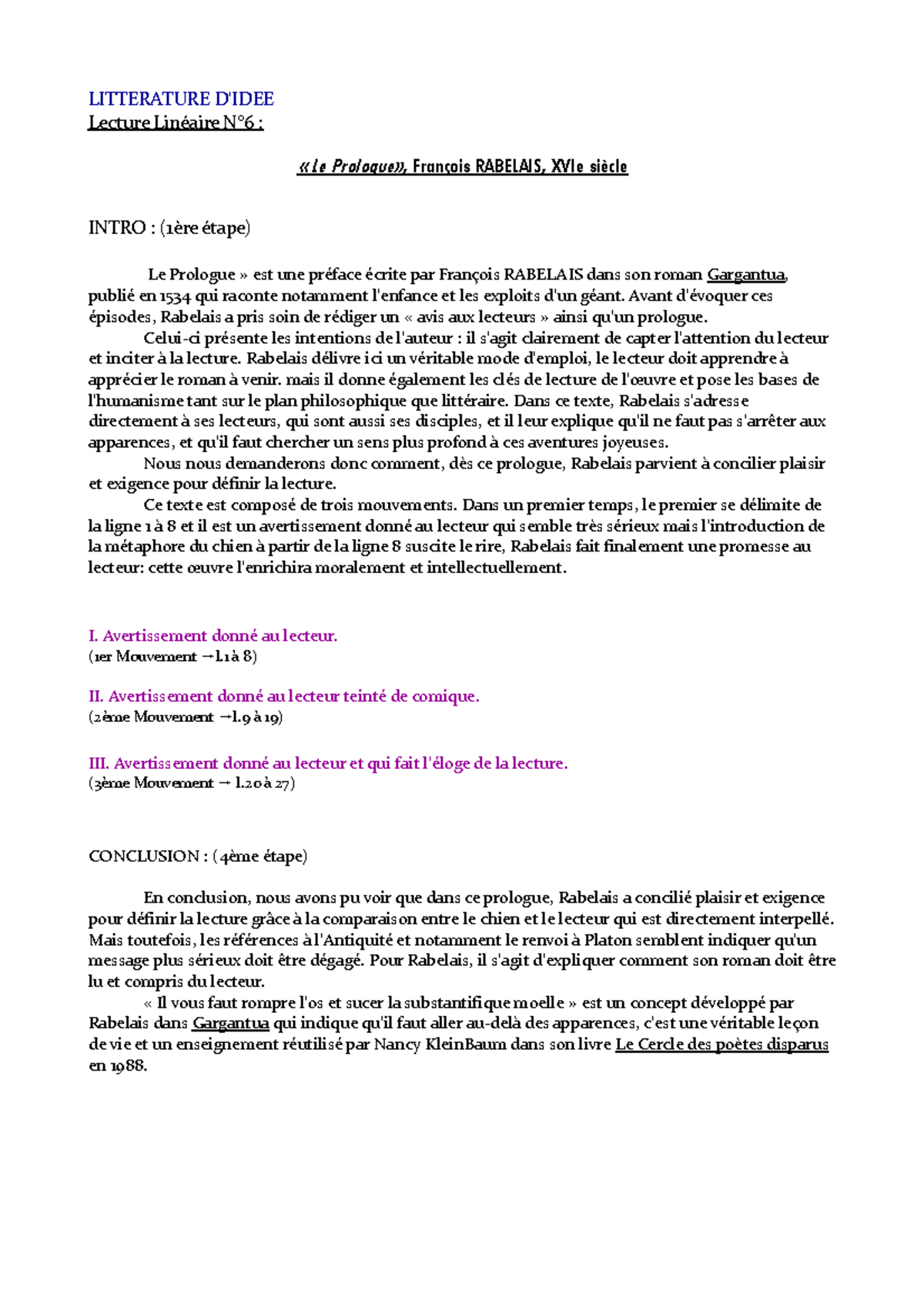 Lecture linéaire n6 Le Prologue pdf ok LITTERATURE D'IDEE Lecture