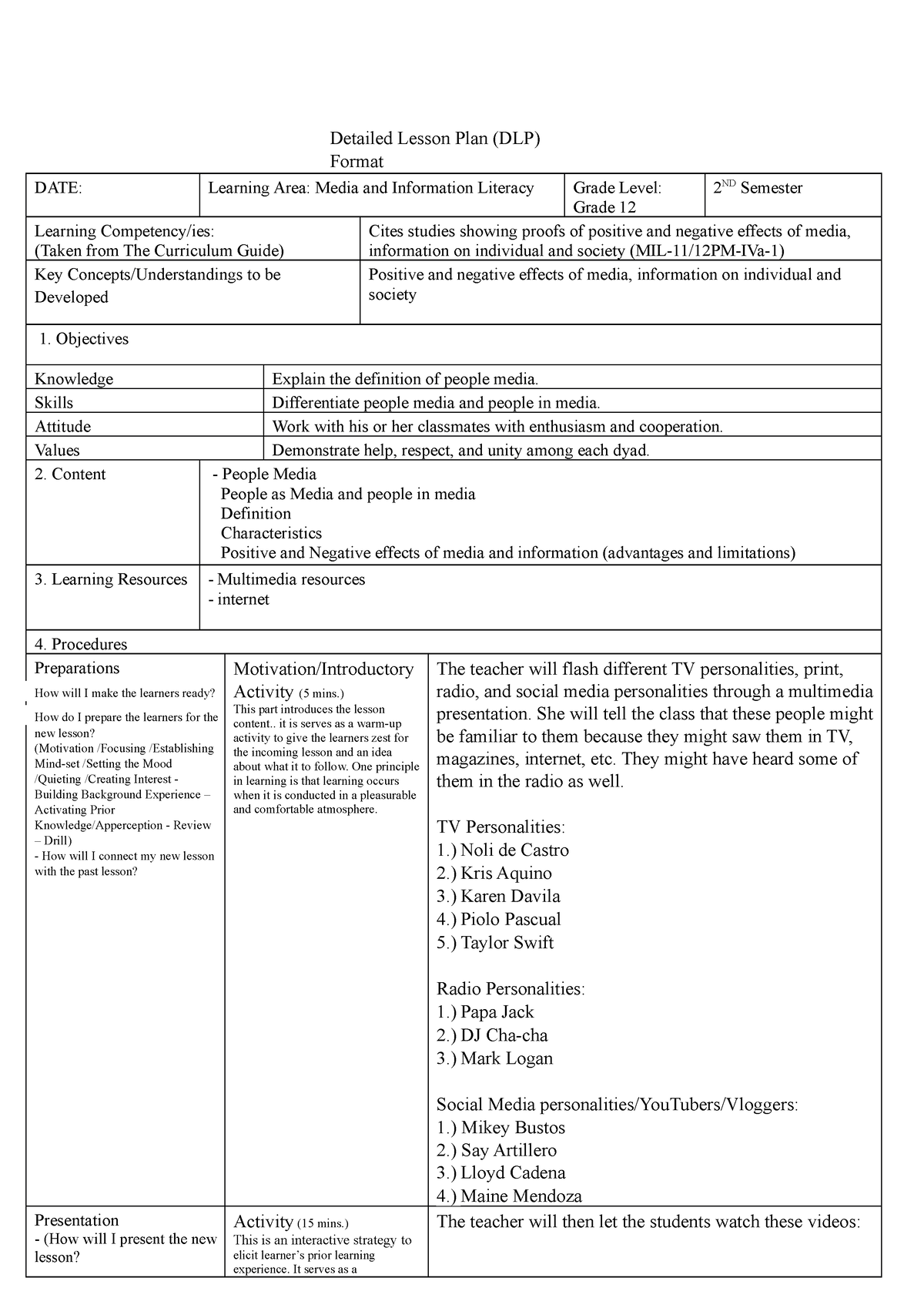 DLP In Media AND Information Literacy - Detailed Lesson Plan (DLP ...