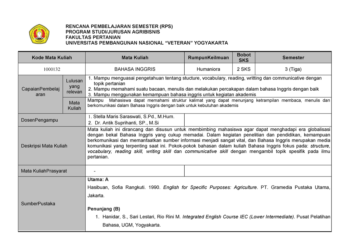 Study Guide B Ing 1 2020 - RENCANA PEMBELAJARAN SEMESTER (RPS) PROGRAM ...