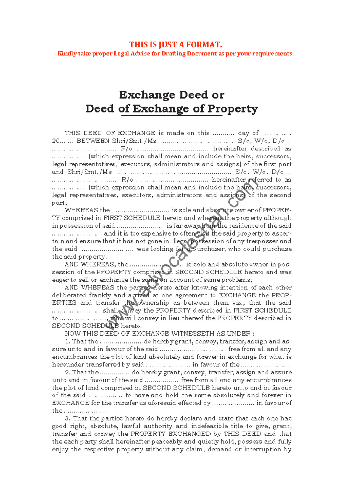 DeedofExchange advocateshah 538 Form No. 1 Exchange Deed or Deed of