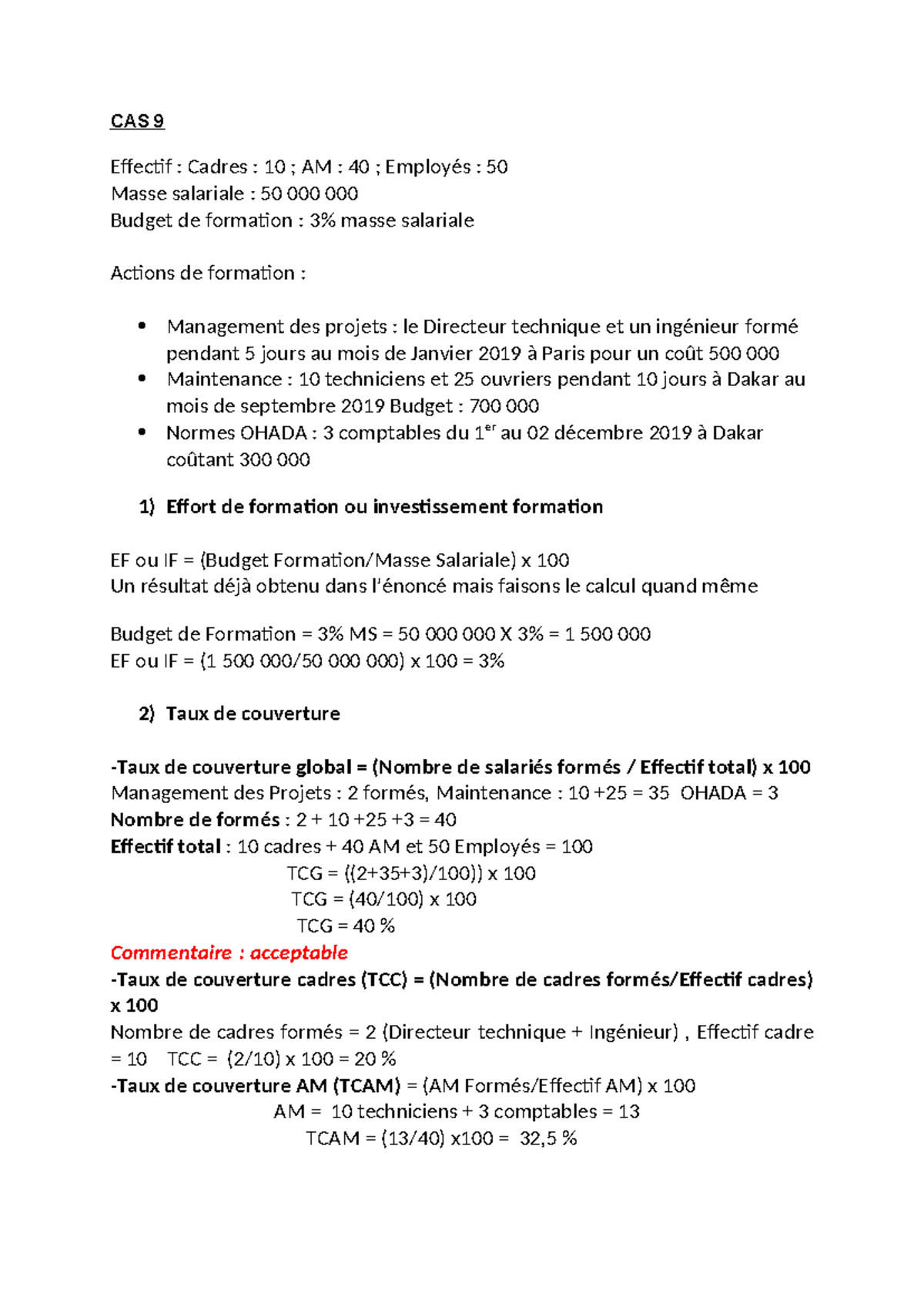 Corrige CAS 9 - Cas pratiques sur la Formation : exercice permettant ...