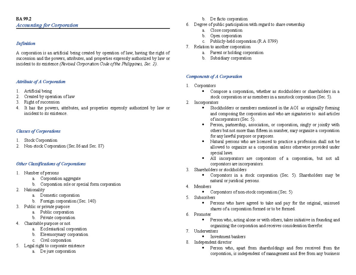 Intro to Corporation - BA 99. Accounting for Corporation Definition A ...