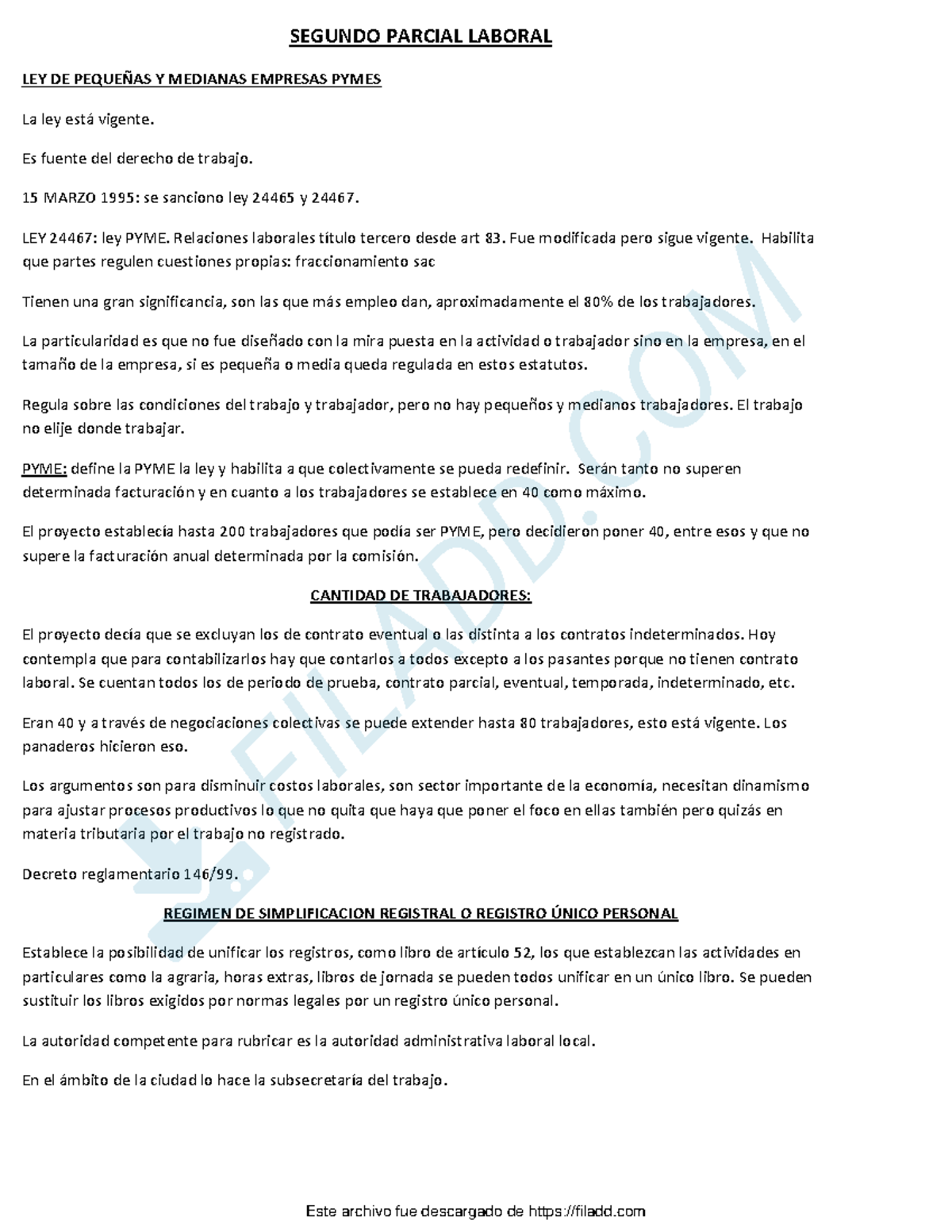 Segundo Parcial Labora 1 - SEGUNDO PARCIAL LABORAL LEY DE PEQUEÑAS Y ...