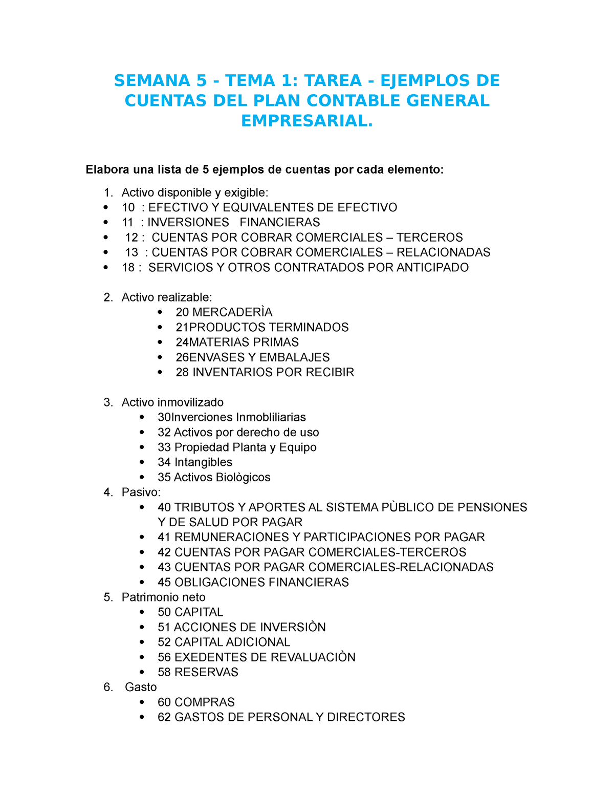 Contabilidad Semana 5 Semana 5 Tema 1 Tarea Ejemplos De Cuentas