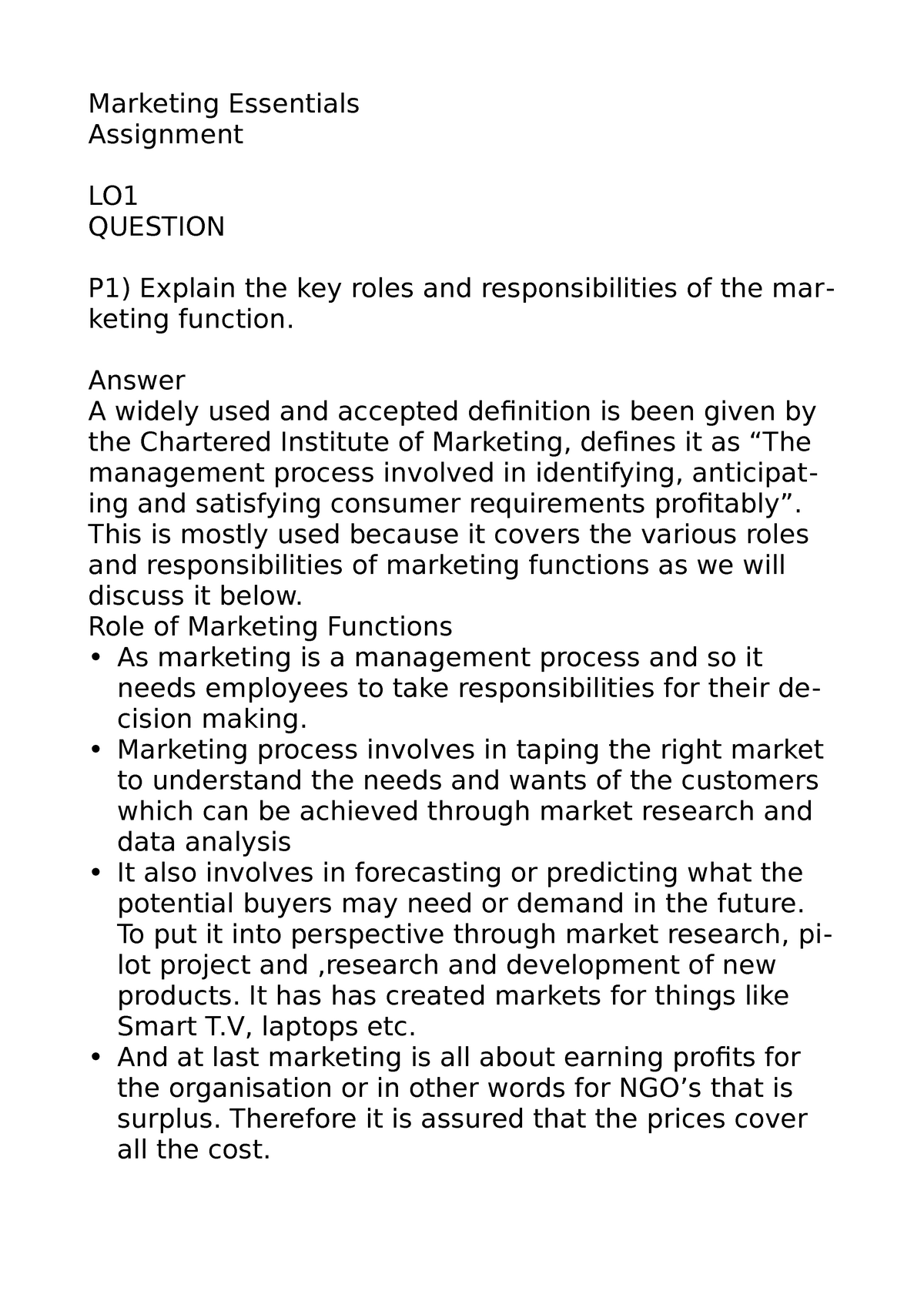 Marketing Essentials - Marketing Essentials Assignment Lo1 Question P1)  Explain The Key Roles And - Studocu