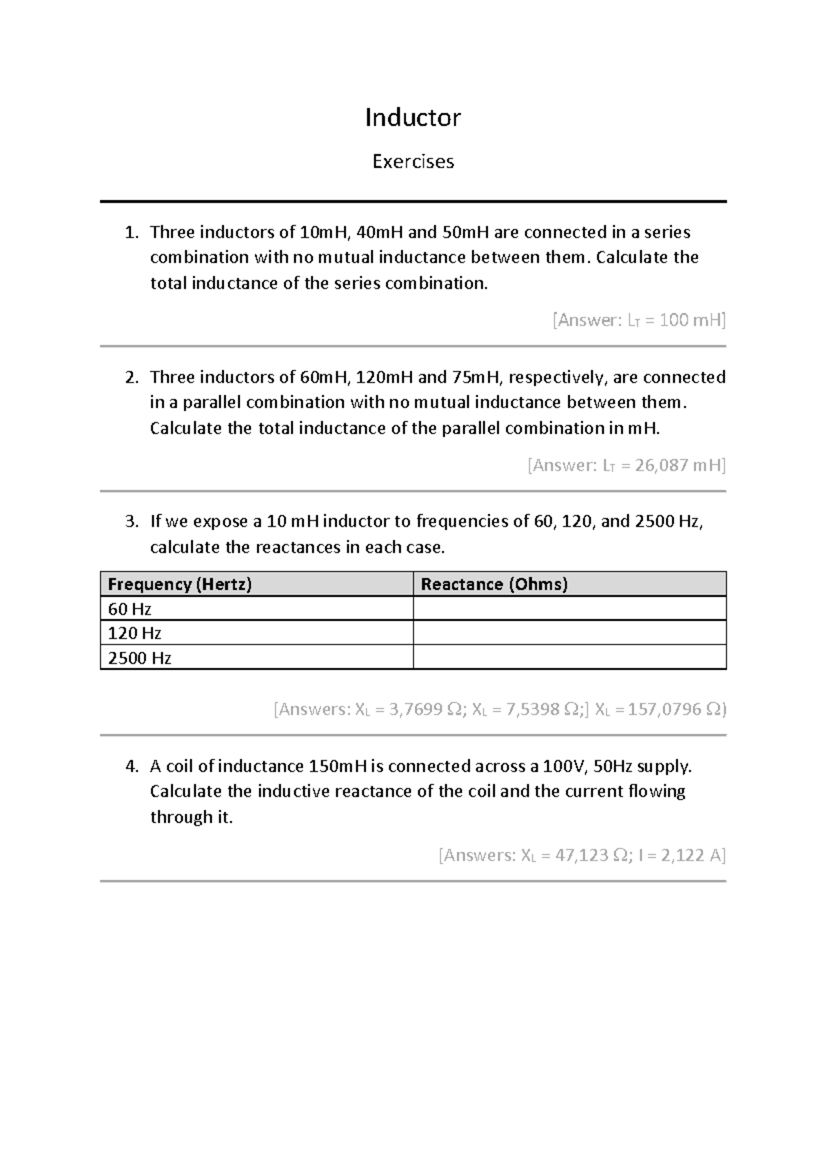 Exercises 5 - Inductors - Inductor Exercises Three inductors of 10mH ...
