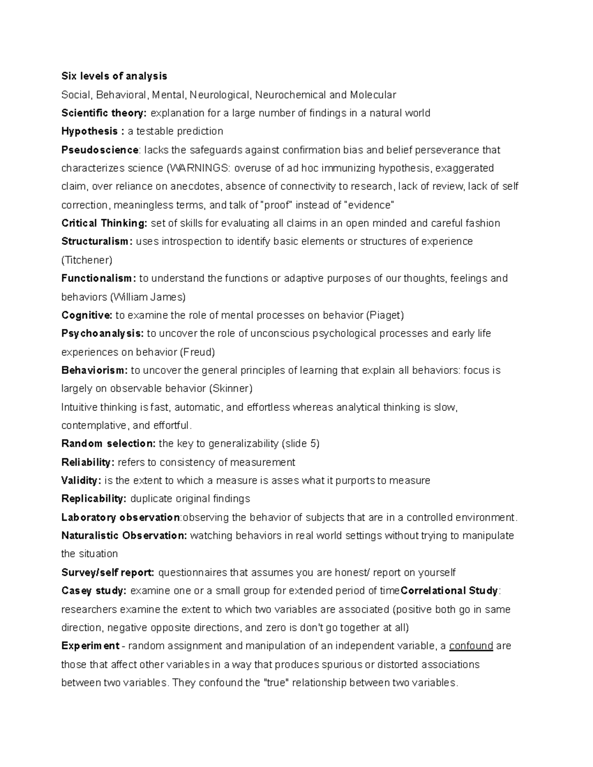 psych test notes - Six levels of analysis Social, Behavioral, Mental ...