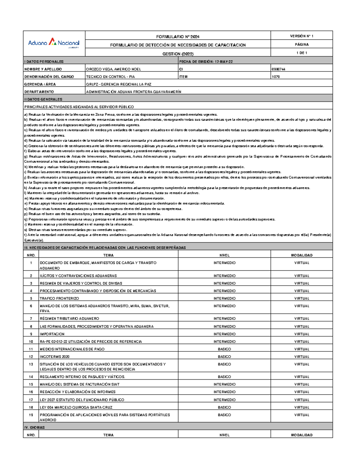 AME - Informe - FORMULARIO N° 2024 VERSIÓN N° 1 FORMULARIO DE DETECCIÓN ...