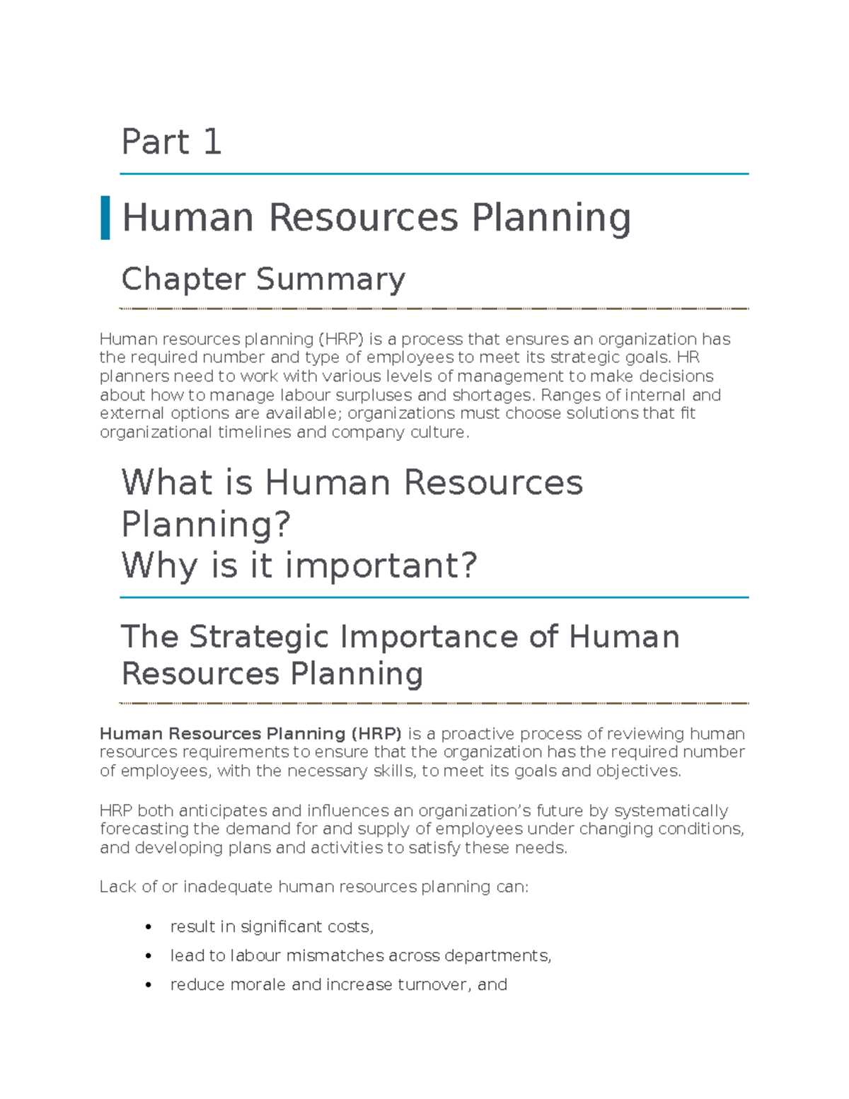 HRM 200 Chapter 3 study notes - Part 1 Human Resources Planning Chapter ...