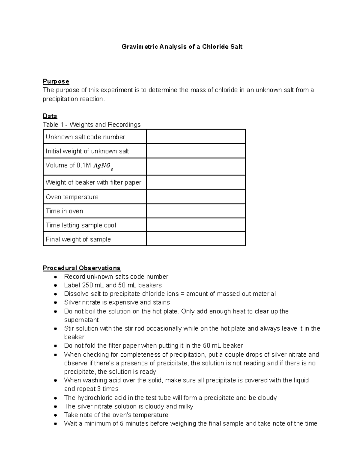 Pre-Lab (G) - Chem 1001 - Pre lab for experiment G - Gravimetric ...