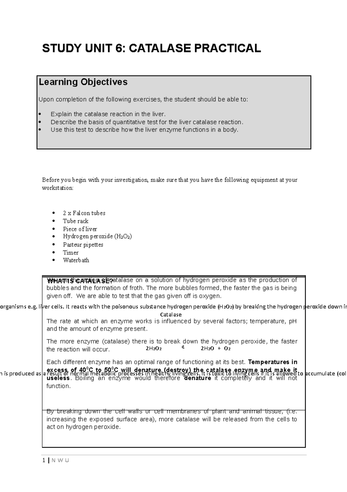 Practical+6 +Catalase+Method - 1 | N W U WHAT IS CATALASE? It reacts ...