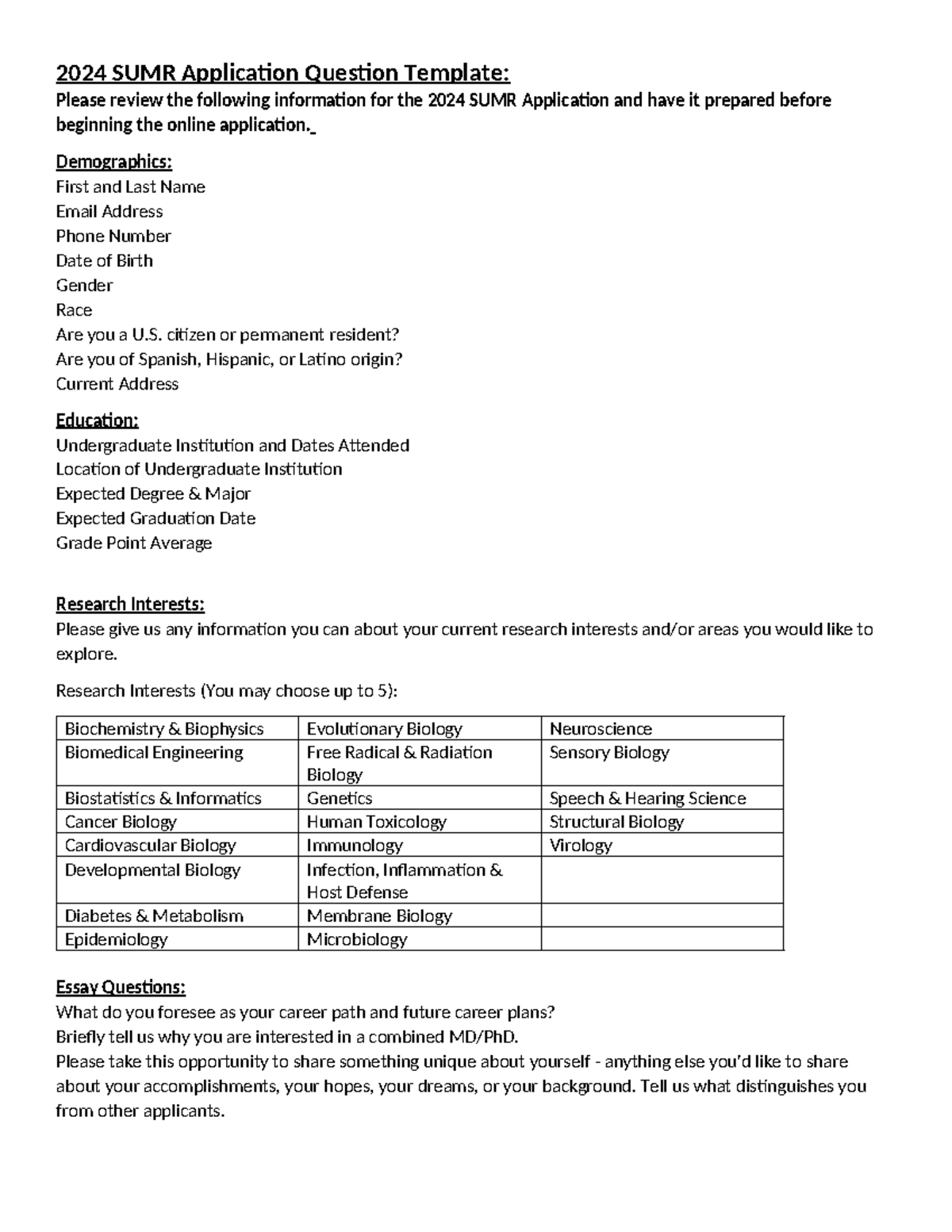 2024 SUMR Application Question Template - 2024 SUMR Application ...